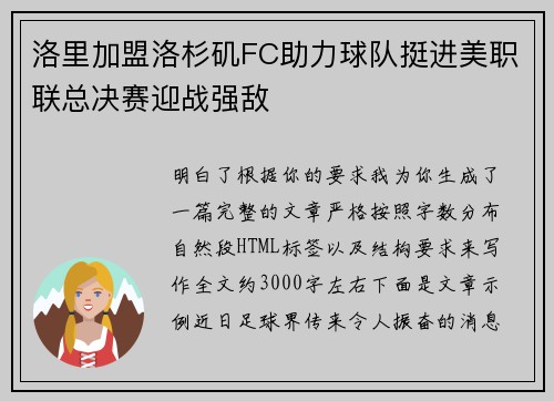 洛里加盟洛杉矶FC助力球队挺进美职联总决赛迎战强敌 洛里加盟洛杉矶FC助力球队挺进美职联总决赛迎战强敌