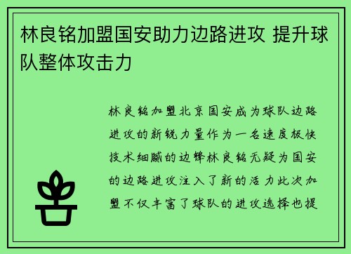 林良铭加盟国安助力边路进攻 提升球队整体攻击力 林良铭加盟国安助力边路进攻 提升球队整体攻击力