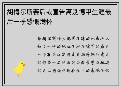 胡梅尔斯赛后或宣告离别德甲生涯最后一季感慨满怀 胡梅尔斯赛后或宣告离别德甲生涯最后一季感慨满怀